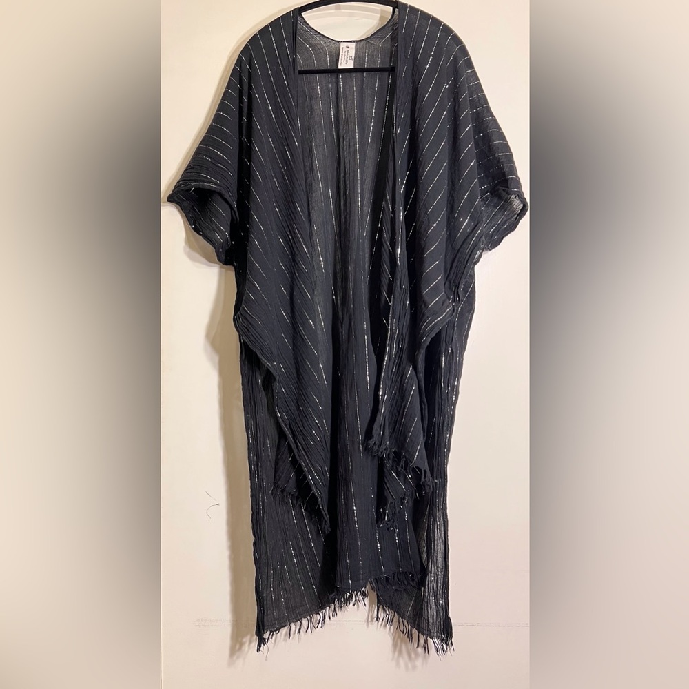 Beach Life by Gottex Black and Silver Striped Kimono Style Swim Cover Up